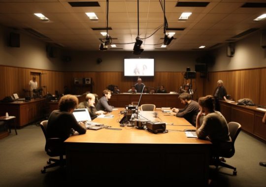 "Un grupo de personas se encuentra sentado alrededor de una mesa en una sala de juntas, en un ambiente que evoca el estilo modernista y académico del teatro, con múltiples pantallas y formas no representativas, dando la sensación de una imagen en movimiento."