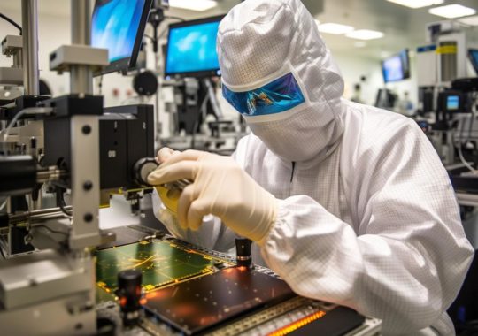 Un trabajador en una fábrica manipulando un dispositivo electrónico, con un estilo de solarización, trajes detallados y láminas de resina onduladas, con definición clara de bordes.