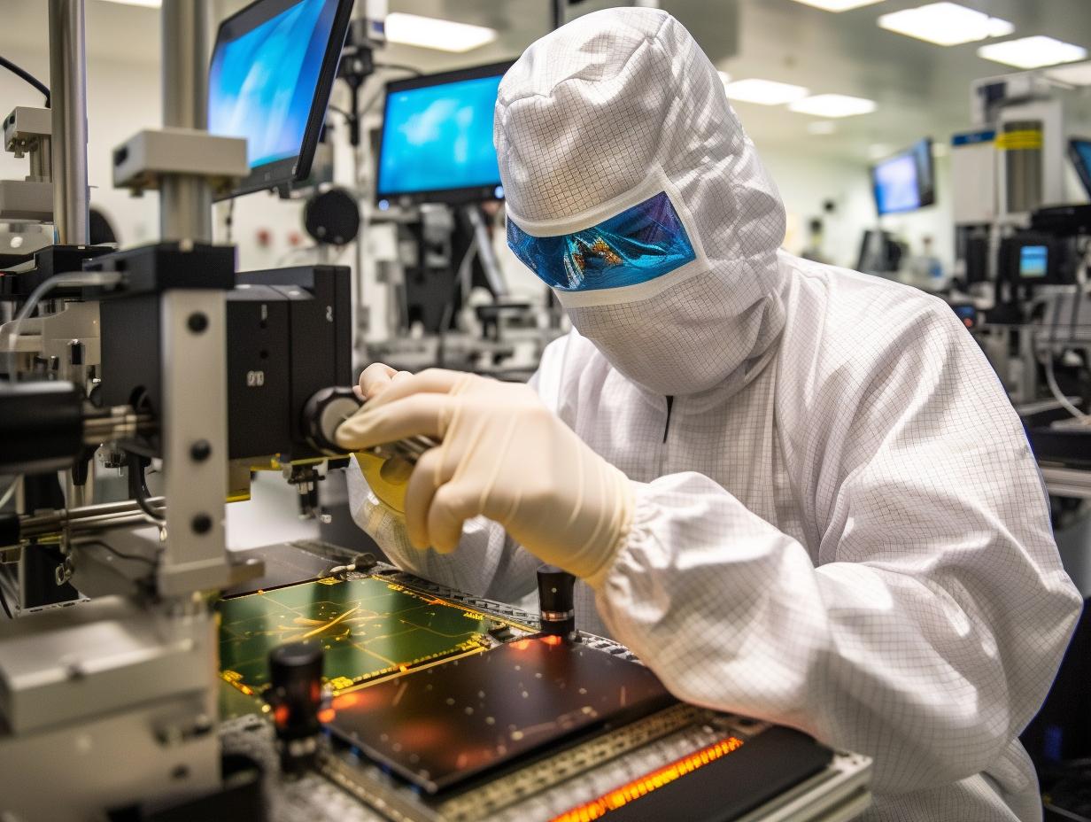 Un trabajador en una fábrica manipulando un dispositivo electrónico, con un estilo de solarización, trajes detallados y láminas de resina onduladas, con definición clara de bordes.