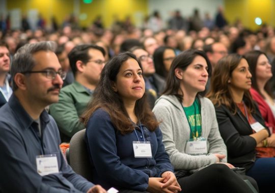 "Un grupo de personas sentadas en una conferencia abierta, retratadas en tonos suaves de verde y gris, evocando un ambiente académico y emotivo, con un estilo que recuerda al hispanicore y a los imagistas de Chicago."