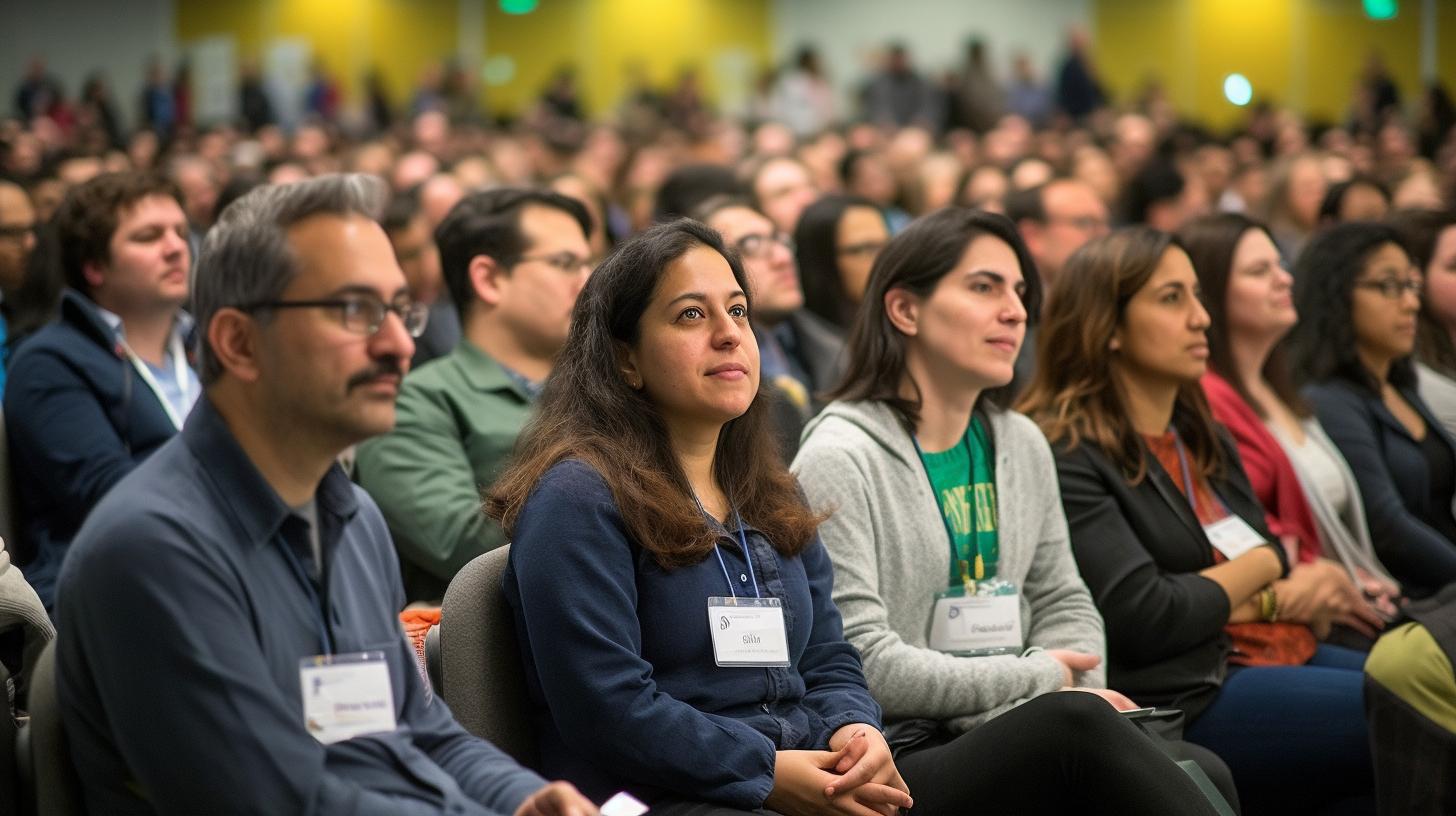 "Un grupo de personas sentadas en una conferencia abierta, retratadas en tonos suaves de verde y gris, evocando un ambiente académico y emotivo, con un estilo que recuerda al hispanicore y a los imagistas de Chicago."