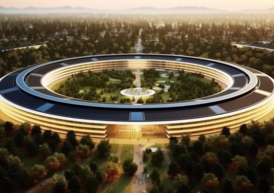 "El edificio circular del campus de Apple está rodeado de árboles, representado de manera realista con una iluminación meticulosa, en un estilo histórico e inspirador con un toque minimalista."