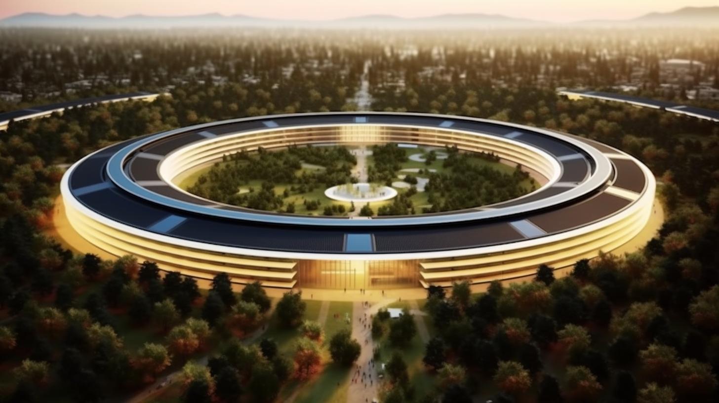 "El edificio circular del campus de Apple está rodeado de árboles, representado de manera realista con una iluminación meticulosa, en un estilo histórico e inspirador con un toque minimalista."