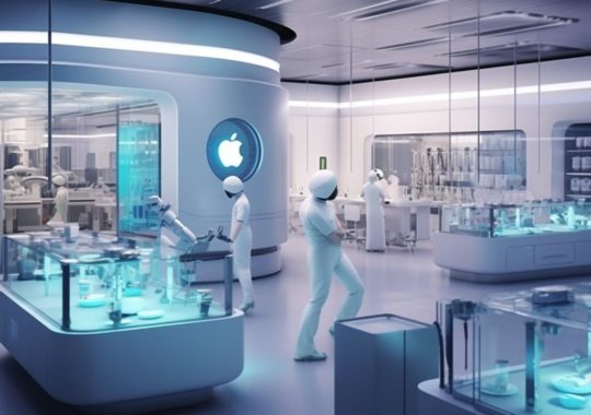 "Concepto futurista de una tienda Apple con criaturas y robots imaginarios, en tonos blancos y cian, con un estilo que recuerda a las imágenes de películas médicas."