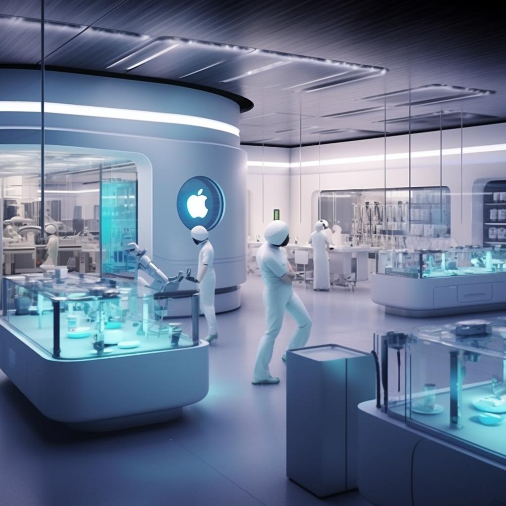 "Concepto futurista de una tienda Apple con criaturas y robots imaginarios, en tonos blancos y cian, con un estilo que recuerda a las imágenes de películas médicas."