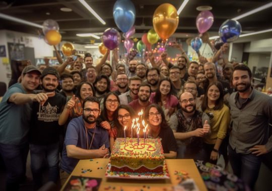 Un equipo celebrando un cumpleaños en un edificio, con un estilo de procesamiento oscuro, vibrantes colores y una atmósfera alegre, inspirado en el arte de Kerem Beyit y Andrea Mantegna.