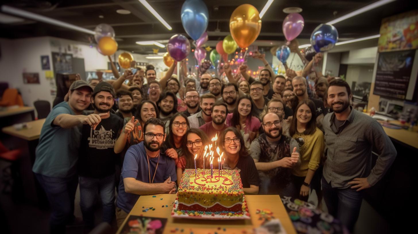 Un equipo celebrando un cumpleaños en un edificio, con un estilo de procesamiento oscuro, vibrantes colores y una atmósfera alegre, inspirado en el arte de Kerem Beyit y Andrea Mantegna.