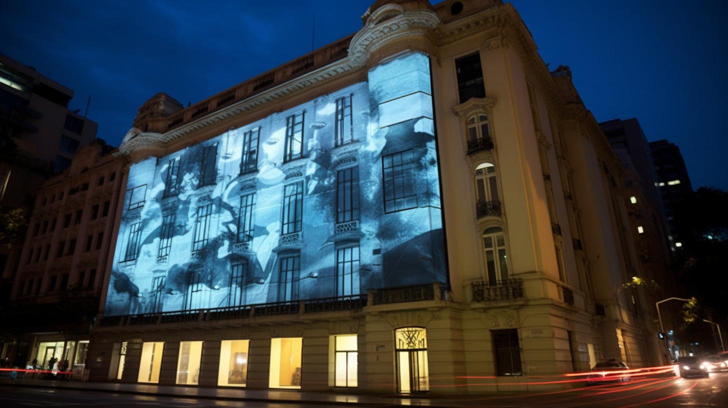 "Una imagen proyectada en un edificio de la ciudad, capturada con una exposición prolongada, que evoca el estilo tradicional y repetitivo de Camille Vivier, Cildo Meireles y Georg Jensen, creando una atmósfera rica e inmersiva."