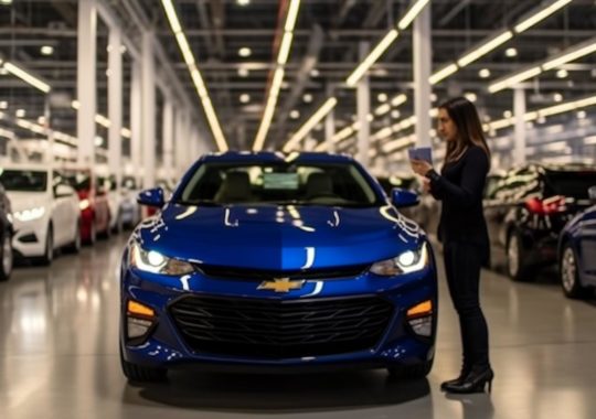 Una mujer sonriente en un área de fábrica junto a un Chevrolet azul, capturada en un estilo de artesanía exquisita y orientada al rendimiento, con superficies reflectantes y una iluminación favorecedora.