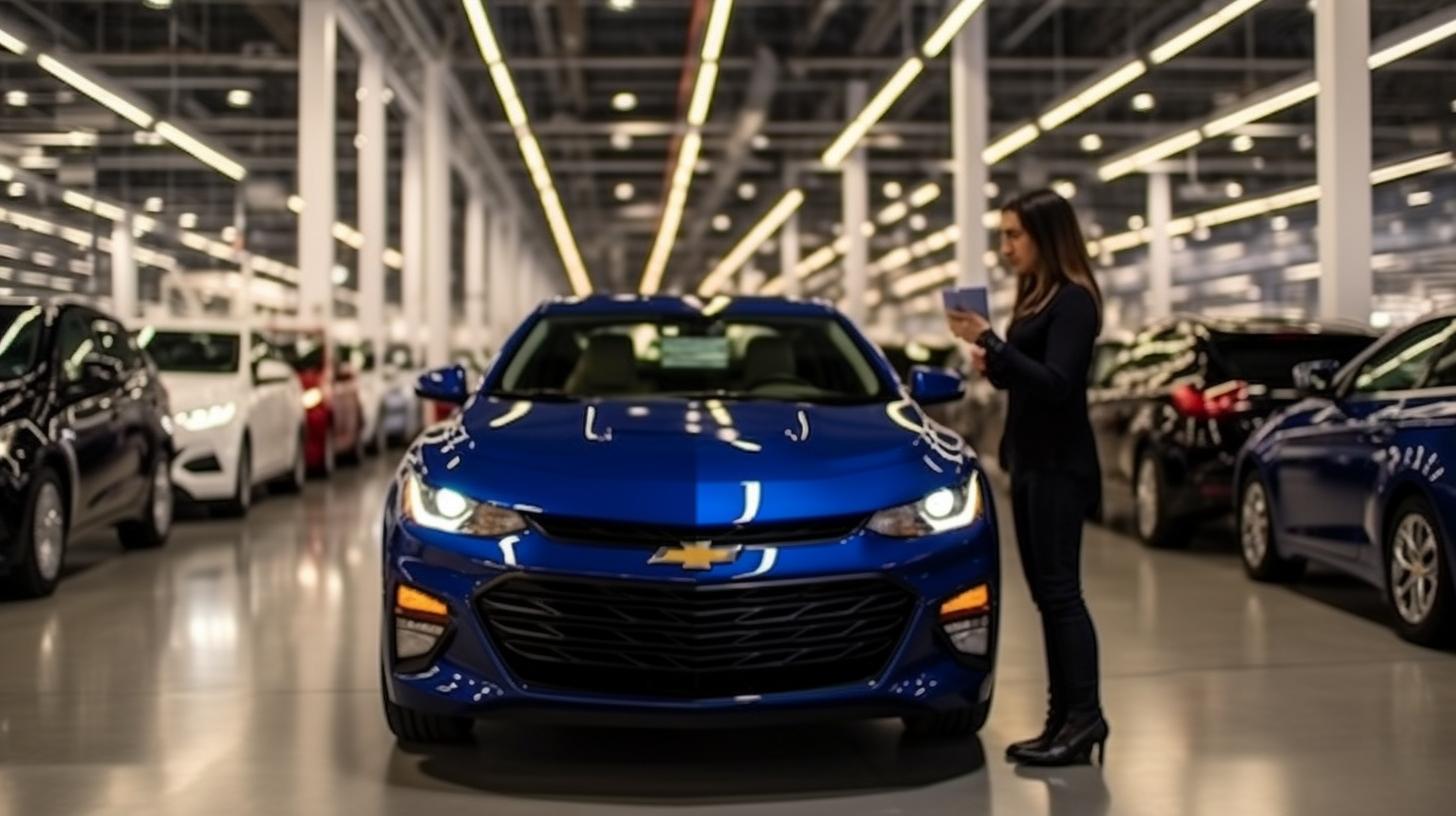 Una mujer sonriente en un área de fábrica junto a un Chevrolet azul, capturada en un estilo de artesanía exquisita y orientada al rendimiento, con superficies reflectantes y una iluminación favorecedora.