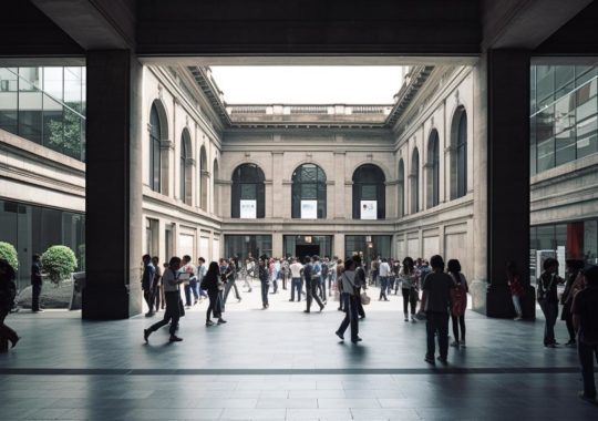 Un grupo de personas caminando en un gran edificio con columnas, con un estilo ecléctico y minimalista, y una atmósfera nebulosa que evoca el arte al aire libre al estilo de Chen Zhen.