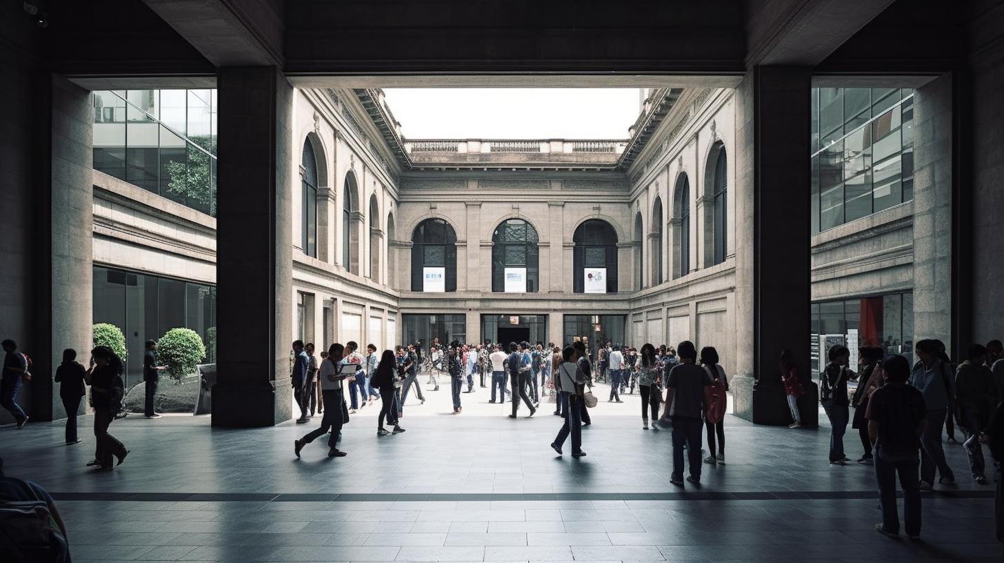 Un grupo de personas caminando en un gran edificio con columnas, con un estilo ecléctico y minimalista, y una atmósfera nebulosa que evoca el arte al aire libre al estilo de Chen Zhen.