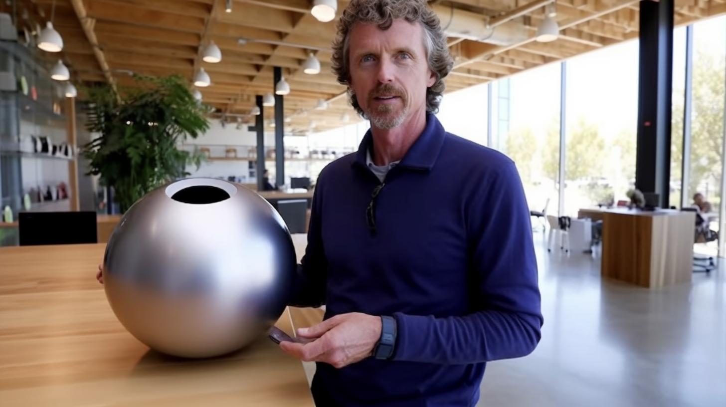 Un hombre parado junto a una esfera plateada, en un ambiente de autenticidad sin pulir y estética futurista.