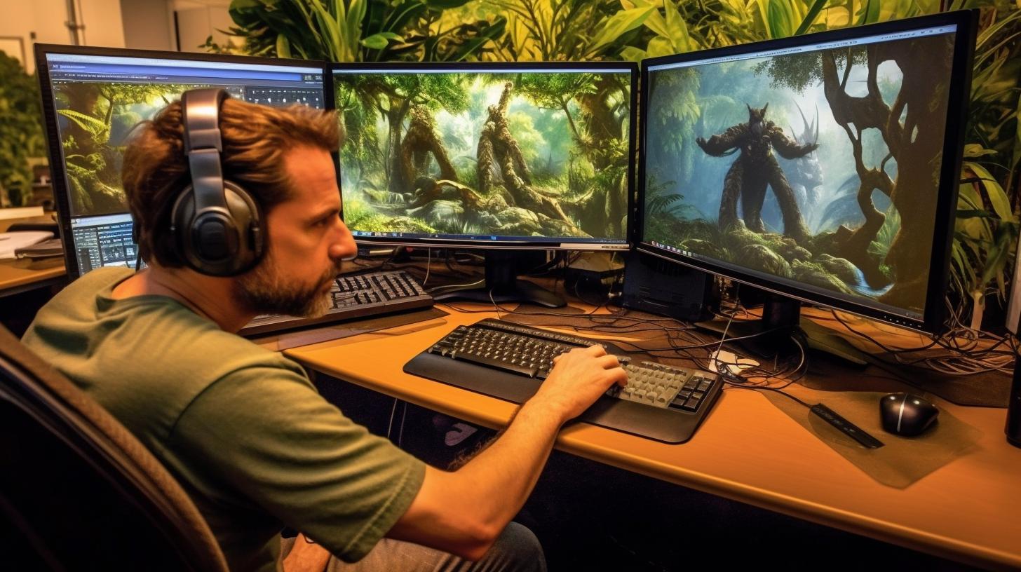 Un hombre con auriculares y casco sentado en su computadora trabajando en un videojuego, rodeado de un paisaje selvático y naturalista.