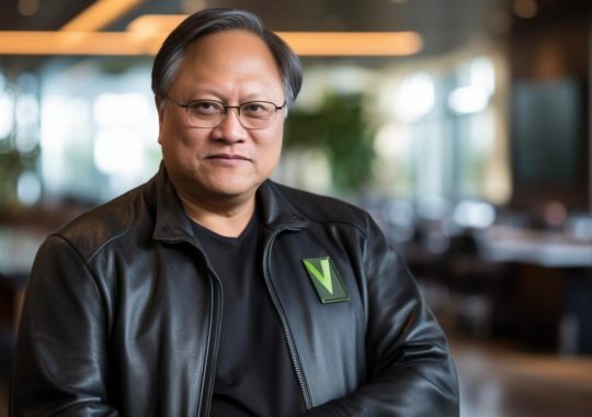 Un hombre asiático con gafas y chaqueta de cuero en un restaurante, con un estilo futurista y tonos de bronce claro y verde.