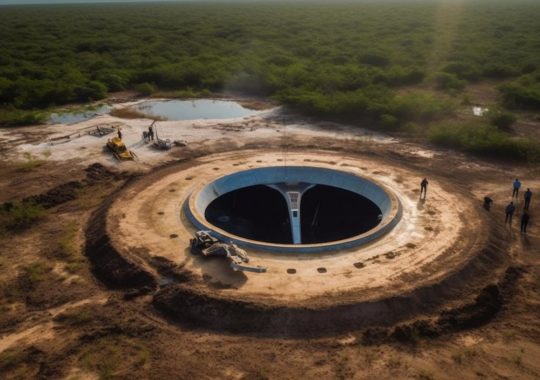 Una vista aérea de un pozo en medio de un espacio abandonado, inspirada en el arte y la arquitectura maya, con un toque de fundición en bronce, al estilo de los artistas Raphael Lacoste, Daan Roosegaarde y Doug Aitken.