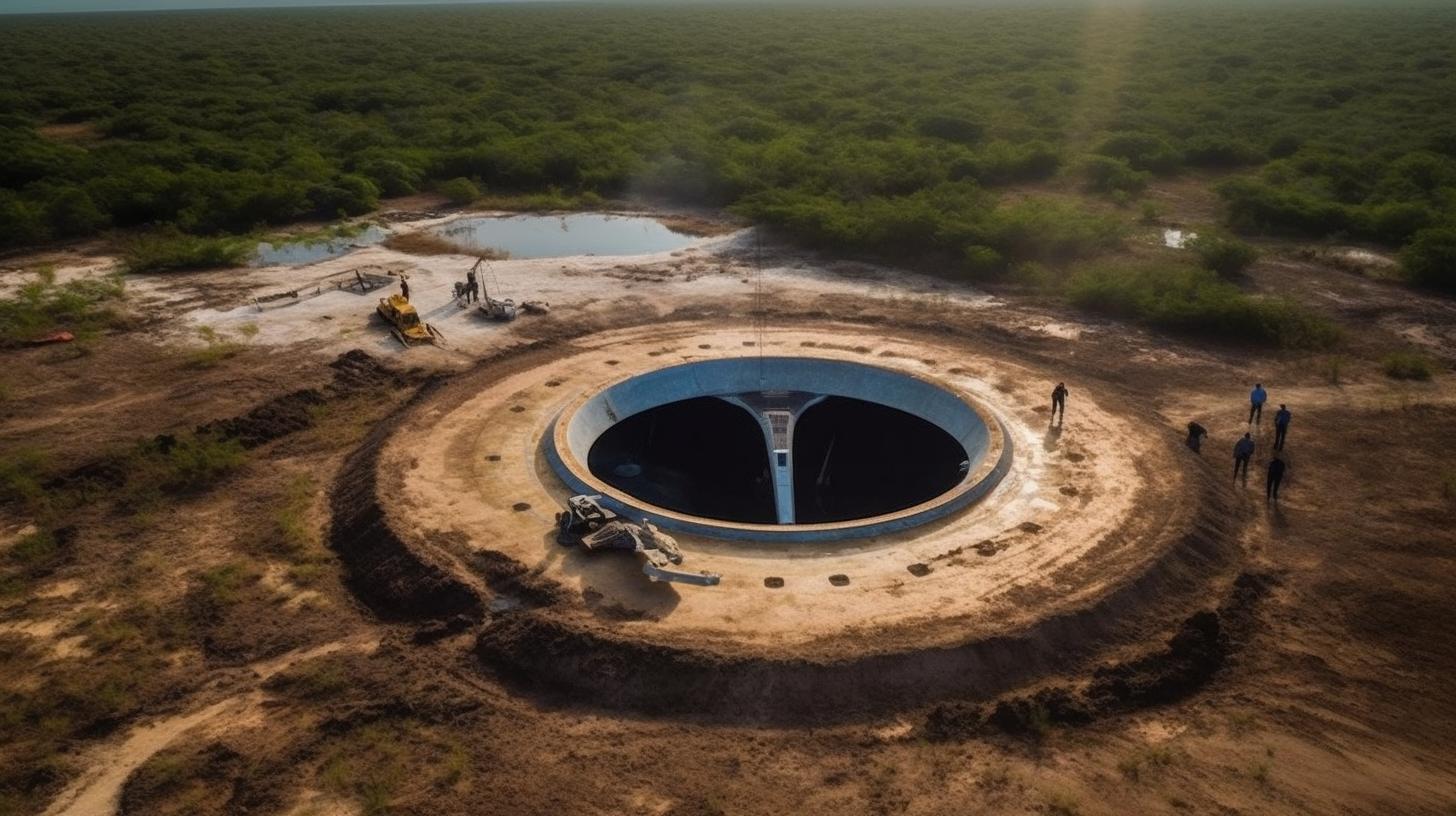 Una vista aérea de un pozo en medio de un espacio abandonado, inspirada en el arte y la arquitectura maya, con un toque de fundición en bronce, al estilo de los artistas Raphael Lacoste, Daan Roosegaarde y Doug Aitken.