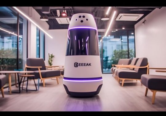 "Video de un robot móvil de Rekin Intelligent Automation, presentado con una calidad etérea y soñadora, evocando la estética de una película Kodak Ektar 100."