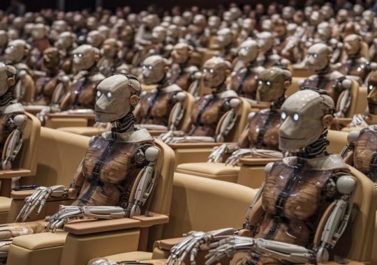 "Una multitud de robots sentados en sillas dentro de un teatro en proceso de renovación, capturada en tonos oscuros de beige y ámbar claro, evocando un ambiente académico gris y misterioso."