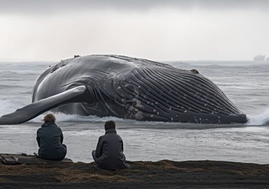 Dos personas observan desde la orilla a una enorme ballena, en una imagen de gran escala y detalle intenso, con un ambiente de reflexión profunda, al estilo de una fotografía de National Geographic.