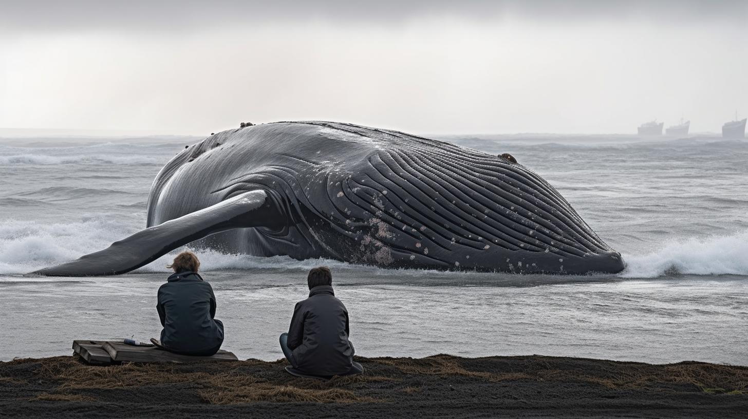 Dos personas observan desde la orilla a una enorme ballena, en una imagen de gran escala y detalle intenso, con un ambiente de reflexión profunda, al estilo de una fotografía de National Geographic.