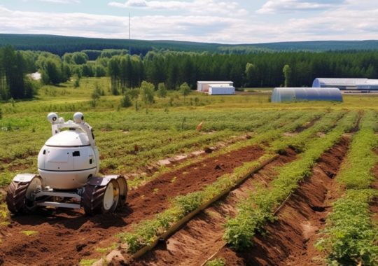 "Robots agricultores trabajando en vastos campos rusos, con un estilo inspirado en la naturaleza noruega, lleno de líneas de contorno y un sentido de aventura, con un enfoque en la precisión y los detalles, evocando una sensación de lejanía y profundidad, en una instalación basada en el núcleo terrestre."