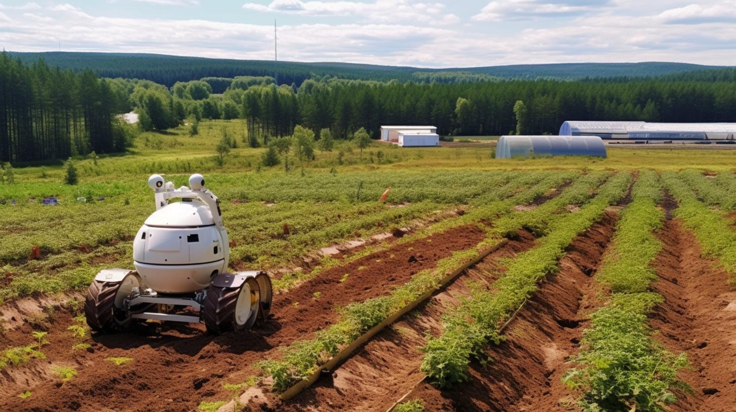 "Robots agricultores trabajando en vastos campos rusos, con un estilo inspirado en la naturaleza noruega, lleno de líneas de contorno y un sentido de aventura, con un enfoque en la precisión y los detalles, evocando una sensación de lejanía y profundidad, en una instalación basada en el núcleo terrestre."