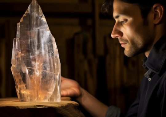 Un hombre contempla un objeto que parece un cristal, en un entorno lleno de materiales naturales, con una estética atemporal y artesanal, evocando el estilo luminoso y difuminado de las fotografías de National Geographic y el arte de Archillect.