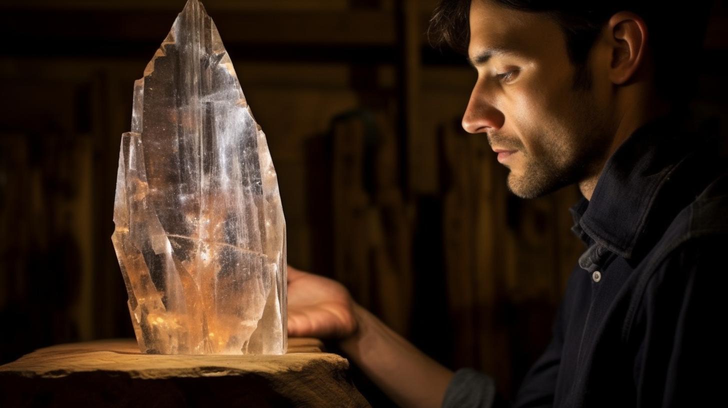 Un hombre contempla un objeto que parece un cristal, en un entorno lleno de materiales naturales, con una estética atemporal y artesanal, evocando el estilo luminoso y difuminado de las fotografías de National Geographic y el arte de Archillect.