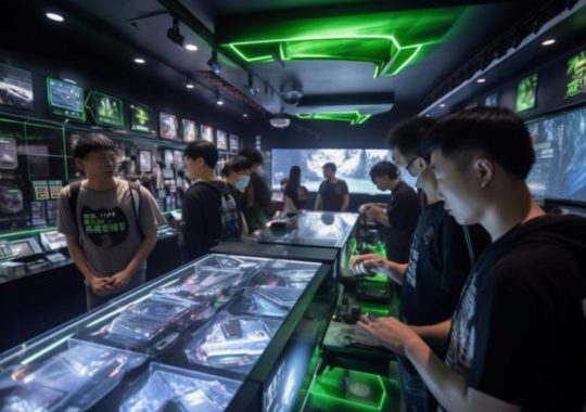 Un grupo de chicos observando con fascinación una tienda de videojuegos, con un estilo oscuro y tonos de verde, evocando una atmósfera futurista y punk, desde una perspectiva aérea.