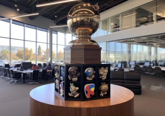 Un trofeo se encuentra en una amplia oficina, presentado con un estilo prismático y ambientado en un entorno que evoca el espacio exterior.