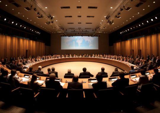 "Una mesa redonda iluminada con fuertes contrastes, rodeada de personas en un impresionante panorama, evocando un ambiente de construcción de mundo detallado y narrativa visual, en tonos marrón claro y azul marino."