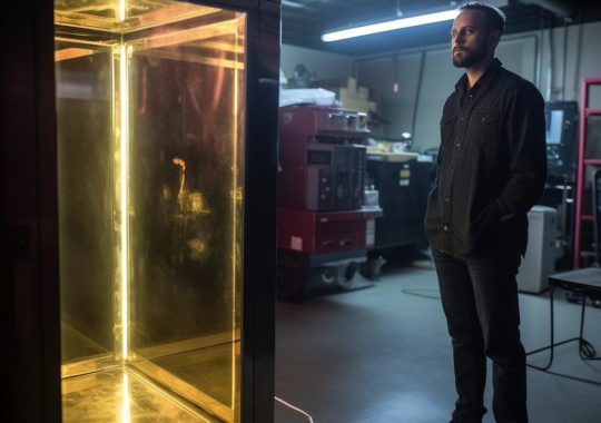 Un hombre parado frente a una caja negra iluminada desde la base, con un estilo que evoca metal líquido, luz dorada y líneas precisas, en un ambiente que resalta los materiales y evoca una instalación artística.