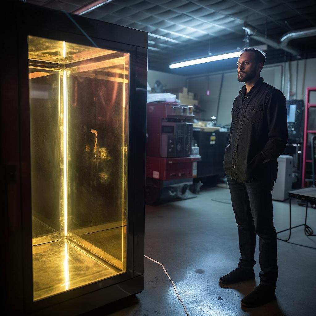 Un hombre parado frente a una caja negra iluminada desde la base, con un estilo que evoca metal líquido, luz dorada y líneas precisas, en un ambiente que resalta los materiales y evoca una instalación artística.