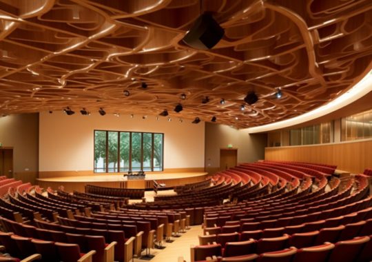 Un auditorio con asientos de madera y una gran ventana en la parte superior, iluminado de manera cautivadora, con influencias del precisionismo y ramas retorcidas, en tonos terracota.