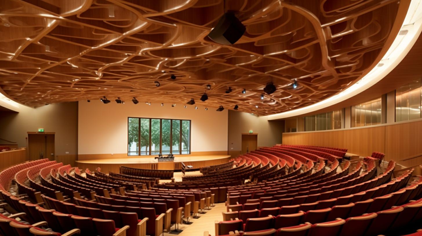 Un auditorio con asientos de madera y una gran ventana en la parte superior, iluminado de manera cautivadora, con influencias del precisionismo y ramas retorcidas, en tonos terracota.