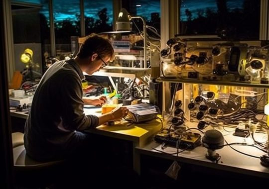 Un científico trabajando en su escritorio durante la noche, rodeado de objetos de producción masiva, con una iluminación de contraluz que evoca el estilo del artista James C. Christensen y la escuela de Helsinki, inspirado en la biología marina.