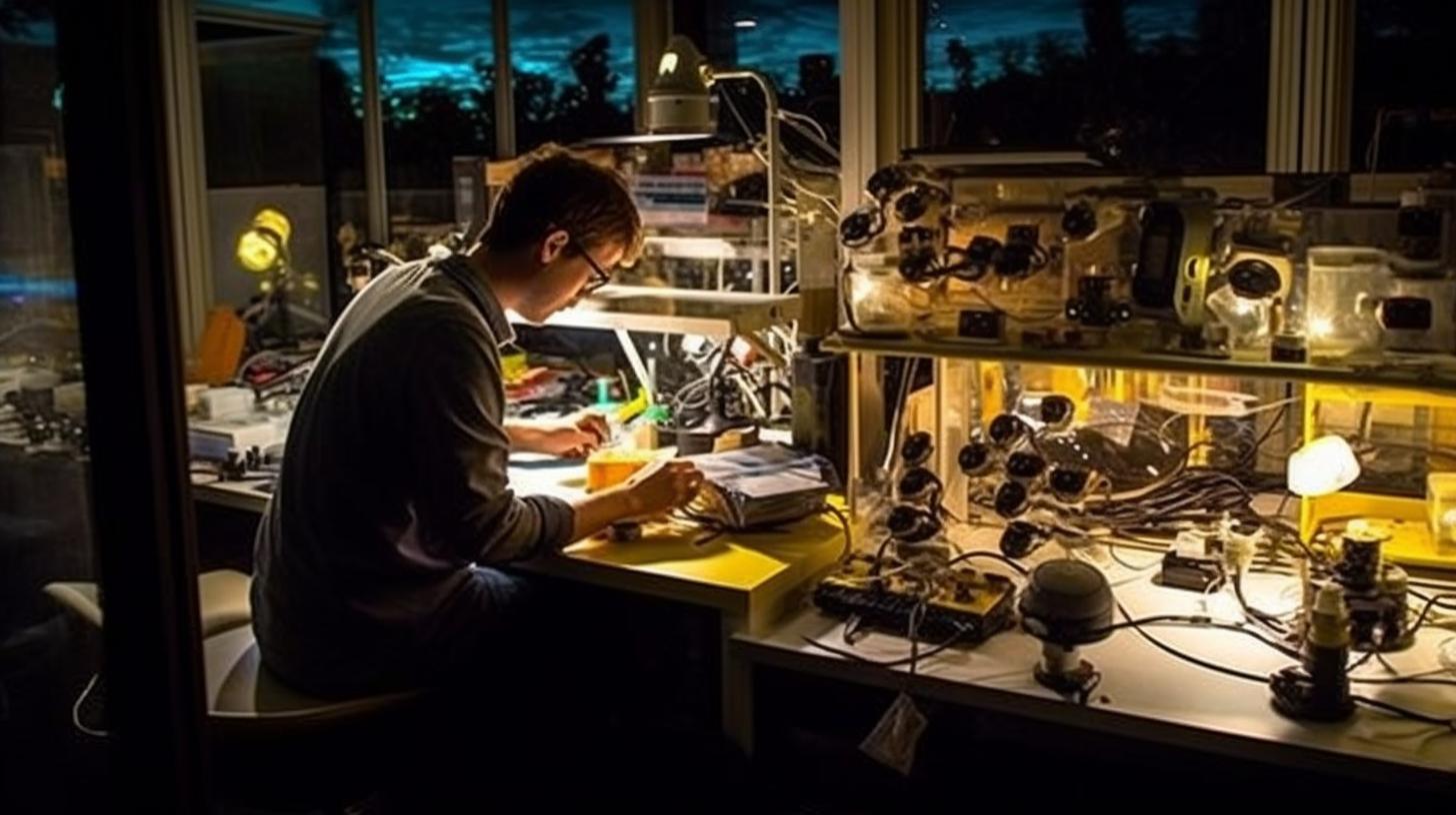 Un científico trabajando en su escritorio durante la noche, rodeado de objetos de producción masiva, con una iluminación de contraluz que evoca el estilo del artista James C. Christensen y la escuela de Helsinki, inspirado en la biología marina.