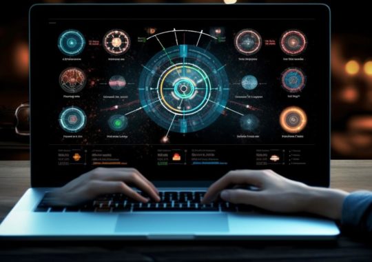 Una persona trabajando en una computadora portátil con un fondo brillante y una pantalla de computadora futurista, rodeada de diagramas científicos y análisis de redes sociales, en un ambiente que evoca el diseño de una nave espacial futurista, con tonos oscuros de aguamarina y ámbar claro.