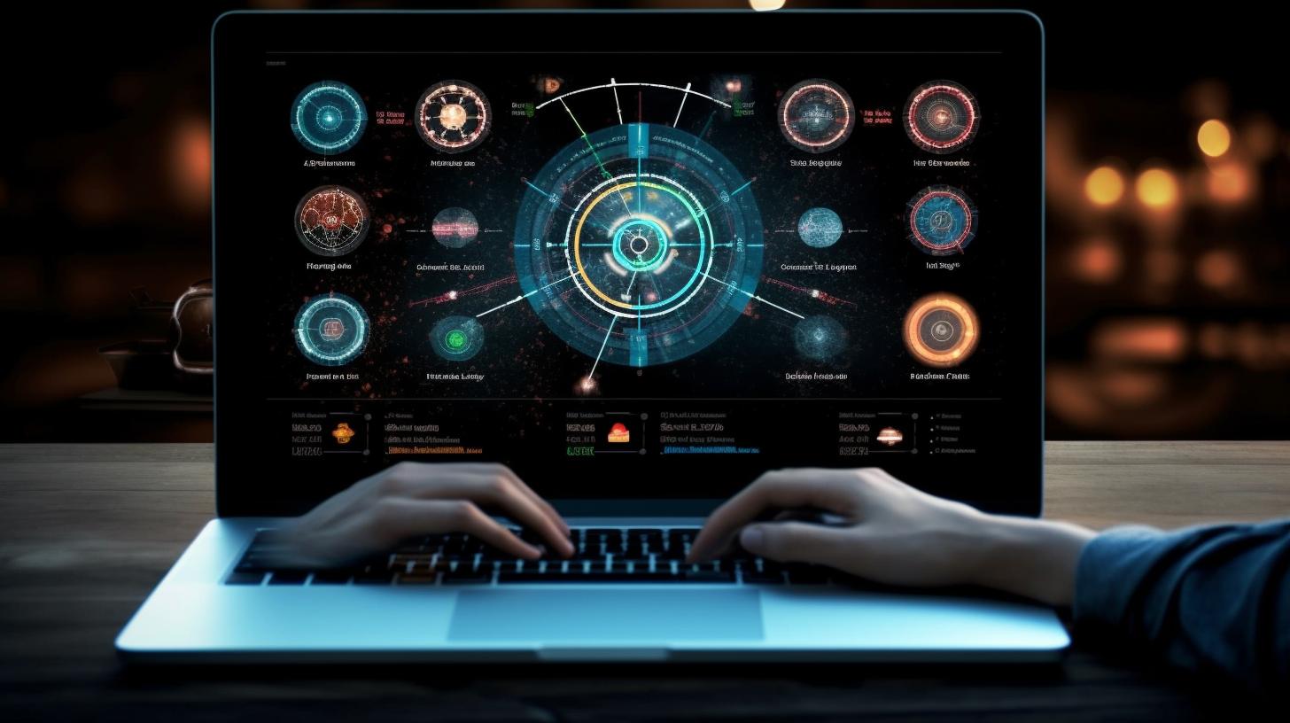 Una persona trabajando en una computadora portátil con un fondo brillante y una pantalla de computadora futurista, rodeada de diagramas científicos y análisis de redes sociales, en un ambiente que evoca el diseño de una nave espacial futurista, con tonos oscuros de aguamarina y ámbar claro.