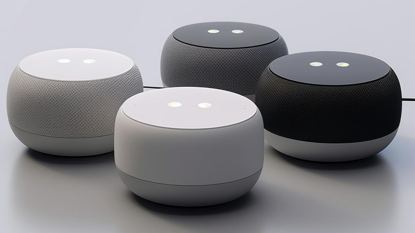 "Tres altavoces Google Home dispuestos sobre una superficie blanca, presentados como objetos 3D luminosos en un estilo futurista y funky, con un enfoque en el botón trasero, en tonos oscuros, blancos y negros."