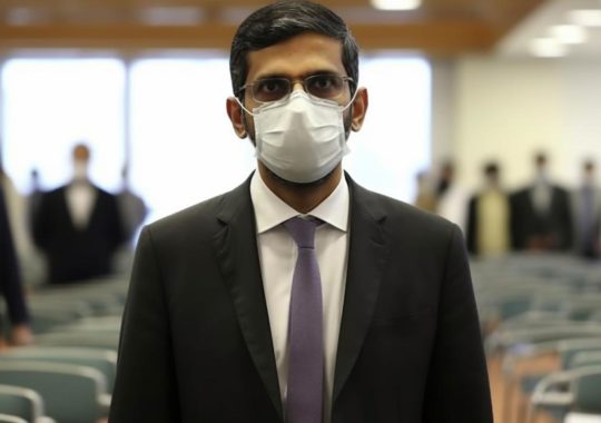 Un hombre con traje y mascarilla se encuentra en una conferencia, presentado con texturas nítidas y un ambiente ligero y aireado, en el estilo de Hurufiyya y Die Brücke, con bordes afilados y un efecto marmolizado.