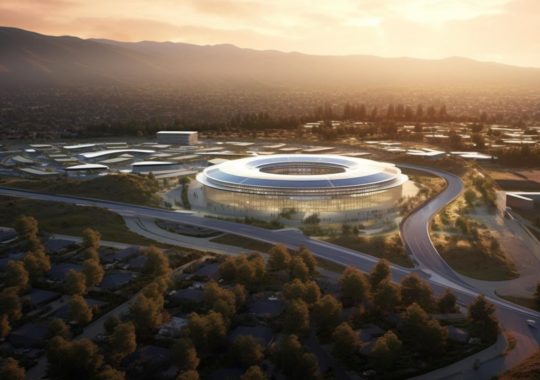 Una vista aérea de la sede de Apple situada en colinas, con un estilo artístico del Himalaya, formas suaves y redondeadas, y un destello de lente que resalta la meticulosa artesanía del edificio.