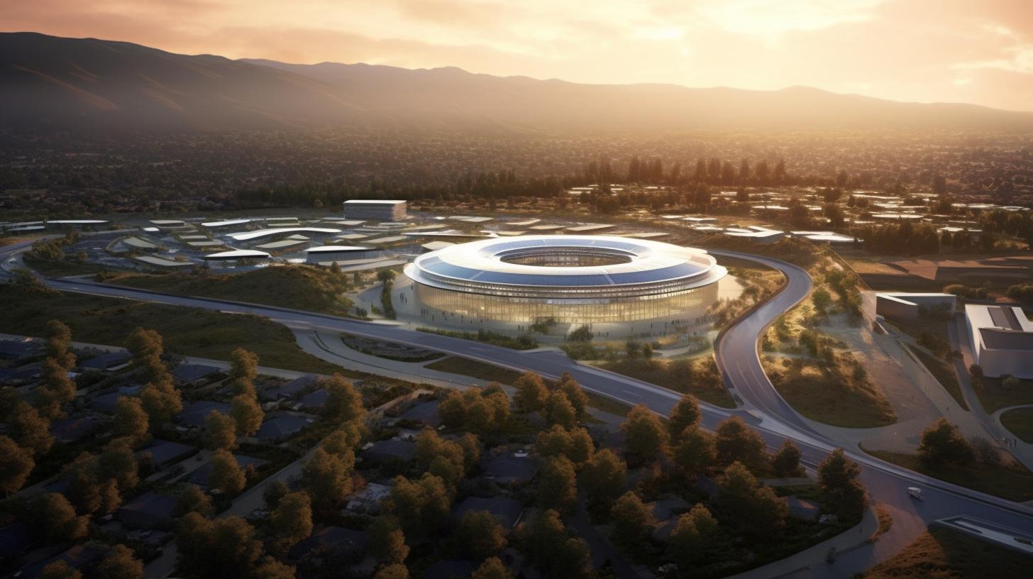 Una vista aérea de la sede de Apple situada en colinas, con un estilo artístico del Himalaya, formas suaves y redondeadas, y un destello de lente que resalta la meticulosa artesanía del edificio.