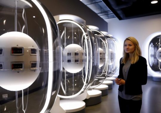 Una mujer observando con interés las esculturas esféricas en vitrinas de vidrio en un museo, con una energía urbana y un diseño danés, en tonos de blanco claro y gris oscuro.