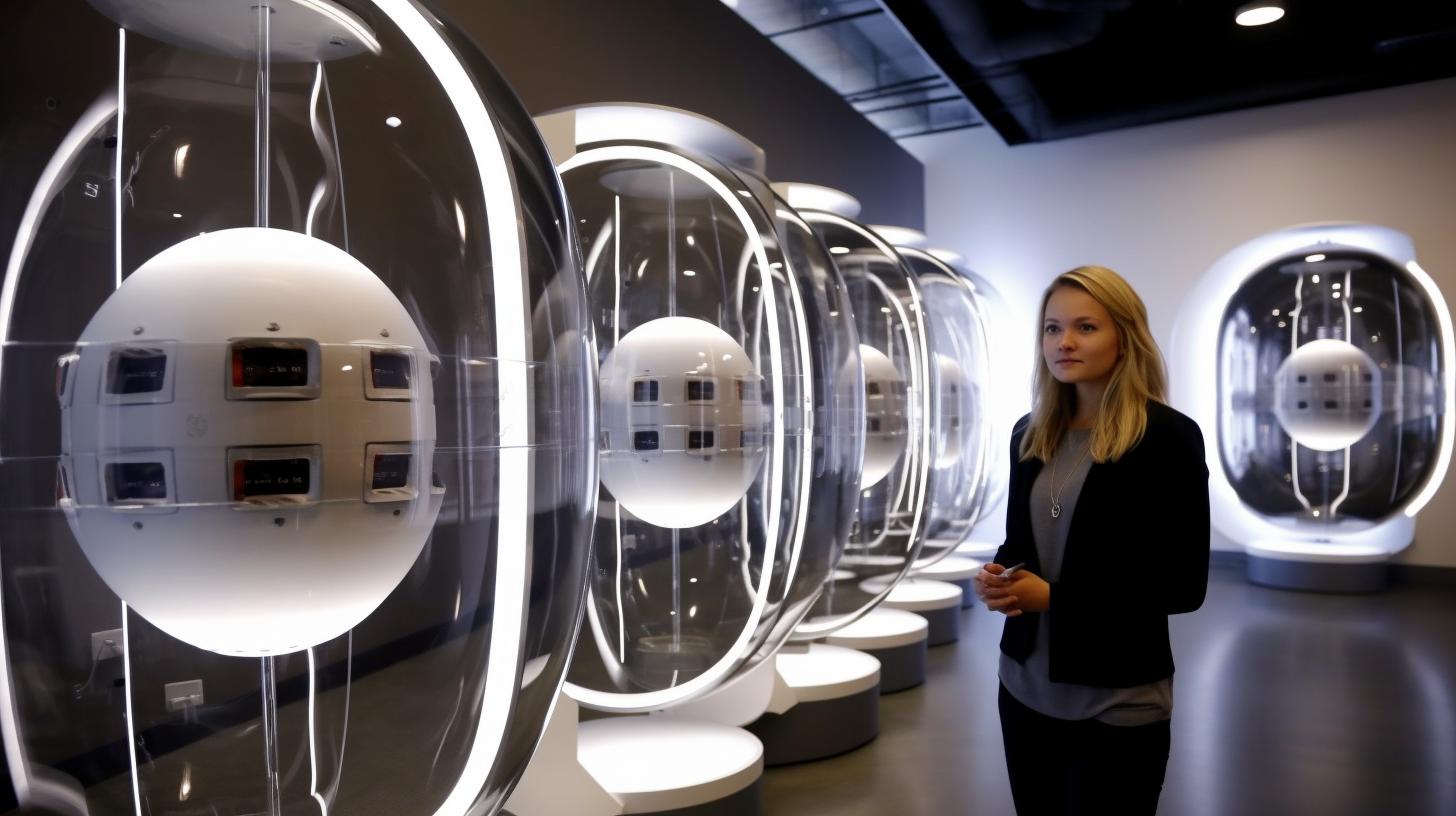 Una mujer observando con interés las esculturas esféricas en vitrinas de vidrio en un museo, con una energía urbana y un diseño danés, en tonos de blanco claro y gris oscuro.