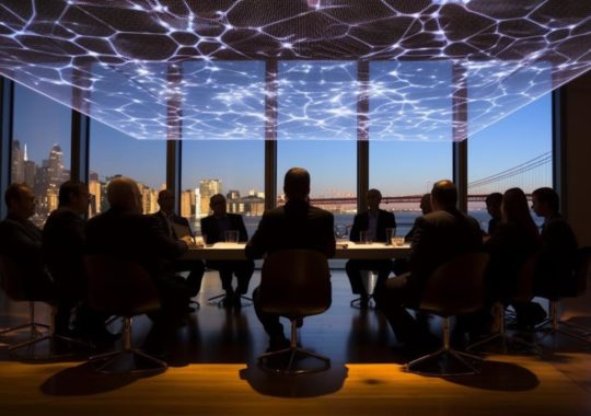 Una sala de reuniones iluminada con luces que parecen redes infinitas, siluetas de figuras humanas y un paisaje urbano de Nueva York al fondo, todo con un estilo reminiscente de formaciones celulares y paisajes marinos luminosos.