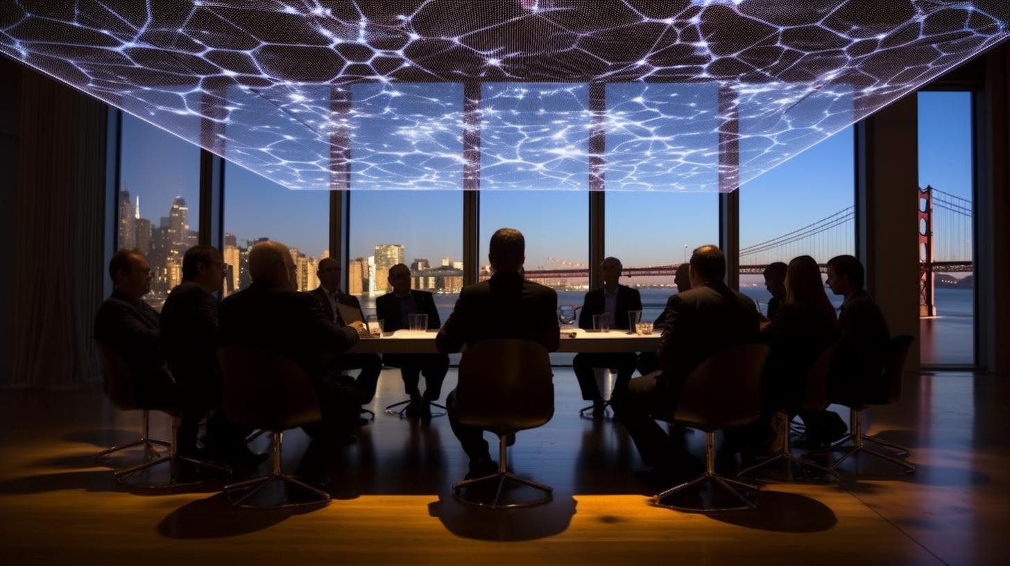 Una sala de reuniones iluminada con luces que parecen redes infinitas, siluetas de figuras humanas y un paisaje urbano de Nueva York al fondo, todo con un estilo reminiscente de formaciones celulares y paisajes marinos luminosos.