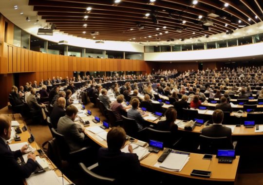 "Una multitud de personas asistiendo a una sesión del parlamento europeo, representada con un estilo moderno y elegante, con una iluminación hábil y un trabajo de pincel luminoso que recuerda a los medallones de terracota, todo ello desarrollado con un enfoque respetuoso con el medio ambiente."