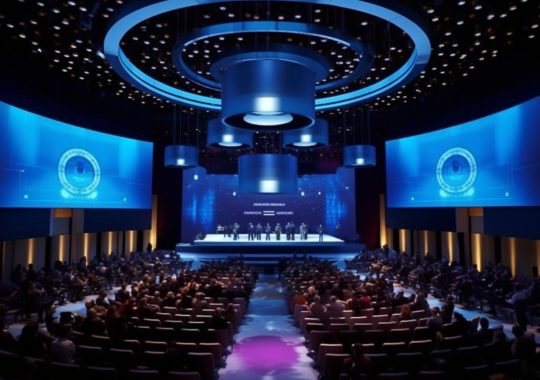 Un auditorio lleno de gente con una pantalla azul de fondo, decorado en un estilo glam futurista, con tonos marrones oscuros e índigo, y un escenario vibrante y redondeado con arreglos simétricos, evocando la sensación de una ceremonia de premiación.